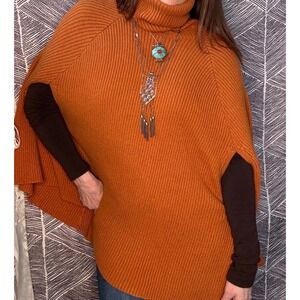 Burnt Orange Ribbed Knit Turtleneck Poncho Cape Sweater One Size